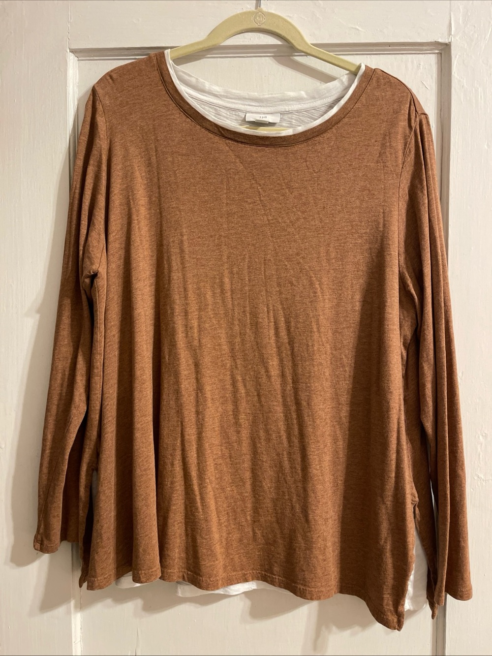 J Jill Women's XL Layered T Shirt Nutmeg Heather White Long Sleeve Round Neck